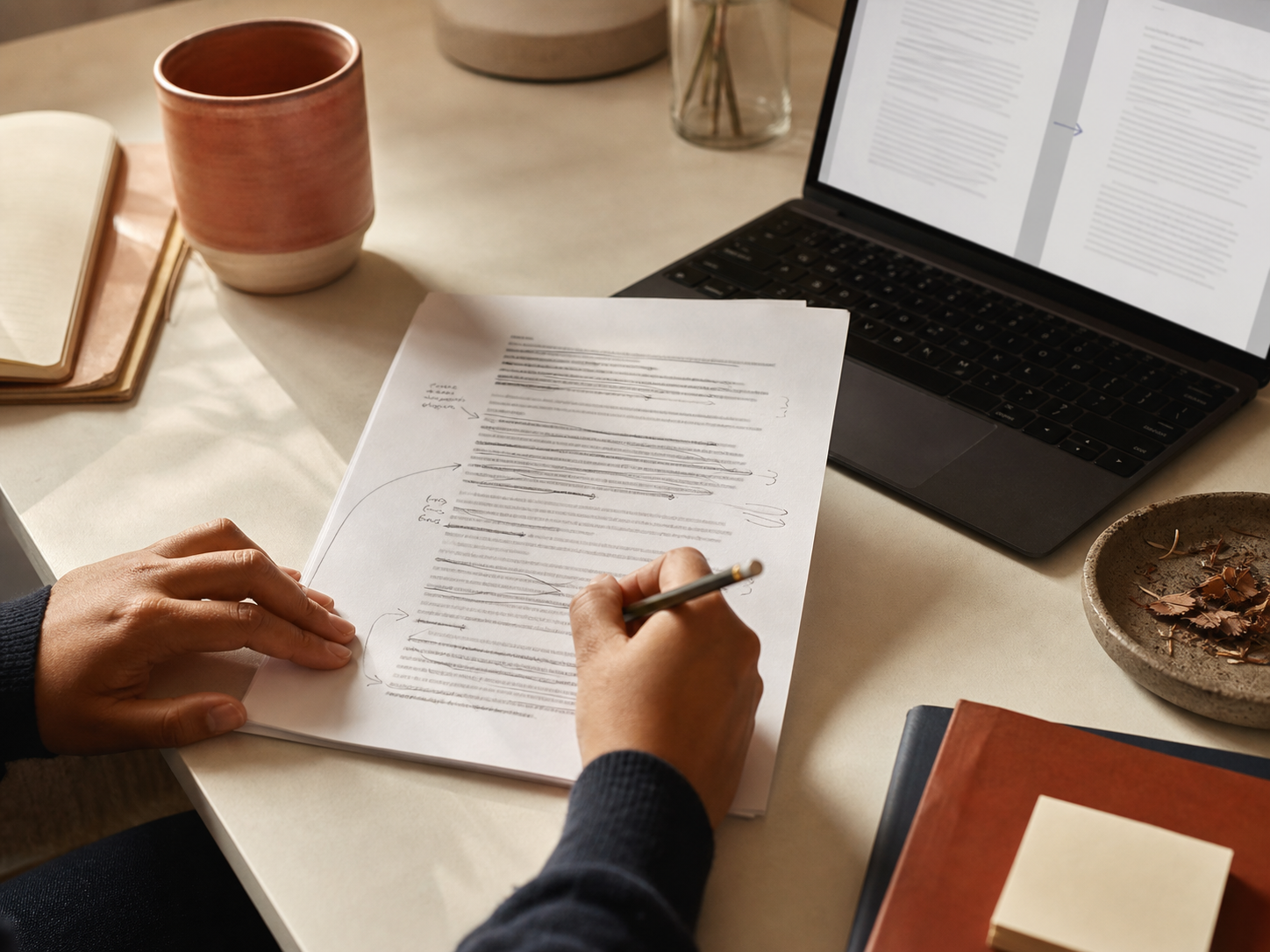 A laptop, edited pages, and a pencil on a quiet writing desk